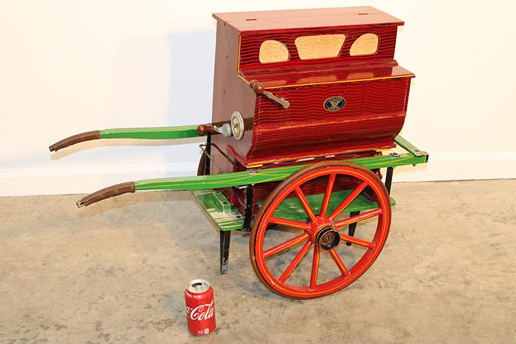 All Original Spanish Roller Organ And Cart: All original Spanish roller organ and cart in original paint (works). 34" wide, 25" tall, 15" deep.