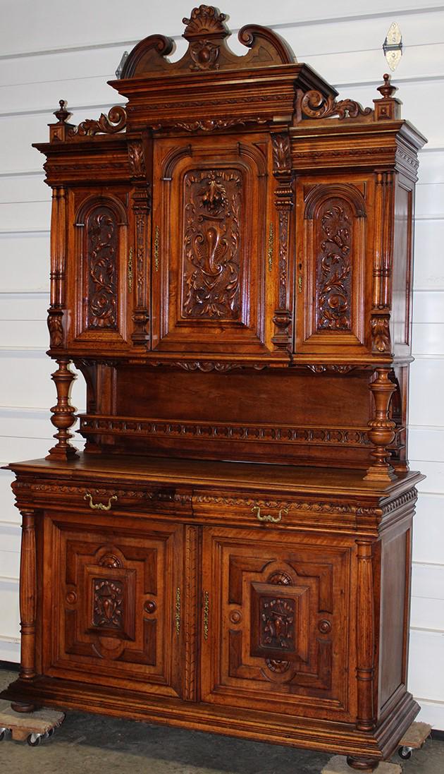 Wonderful Victorian Continental Court Cupboard: Wonderful Victorian continental court cupboard with carved fruit. Fancy carved crest, doors, columns. Comes apart in 4 pics (for easy moving). 60" wide, 105" tall, 23" deep.