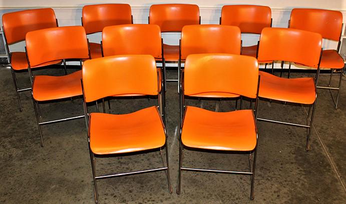 Nice Set Of 11 Signed David Rowland 40/4 Chairs: Nice set of 11 signed David Rowland 40/4 chairs in great orange color. Estate fresh in nice condition, some rubs and dings, very sturdy. 19" wide, 30" tall, 22" deep.