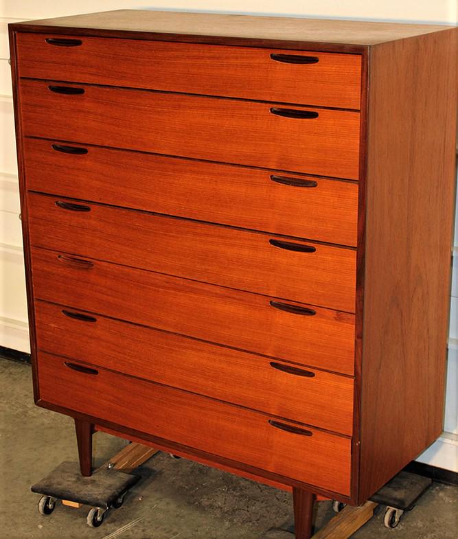 Super Teak Mid Century Tall Boy 7 Drawer Dresser By Kofod-Larsen: Super teak mid century tall boy 7 drawer dresser by Kofod-Larsen for J. Clausen and son Brande. Estate fresh in nice condition. 39" wide, 47" tall, 18" deep.