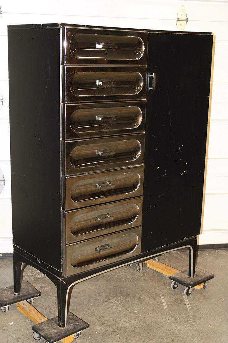 Mid Century Gents Chest By Henri Vallieres With Chrome Front Drawers: Mid century gents chest by Henri Vallieres with chrome front drawers. Structurally sound, has dings and rubs, paint loss. 39" wide, 57" tall, 19" deep.