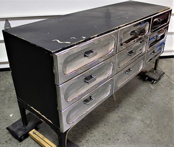 Mid Century 9 Drawer Sideboard By Henri Vallieres: Mid century 9 drawer sideboard by Henri Vallieres with chrome fronts. Structurally sound, has rubs, dings, and paint loss. 59" wide, 30" tall, 19" deep.