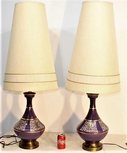 Fine Pair Of Mid Century Porcelain Base Lamps: Fine pair of mid century porcelain base lamps with nice original shades. Estate fresh, purple and gold. 17" wide, 46" tall.