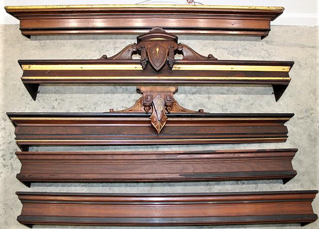 5 Victorian Valances, Some With Crests: 5 Victorian valances, some with crests. 1 missing a small return, 1 missing pc on the crest. Longest one is 53".