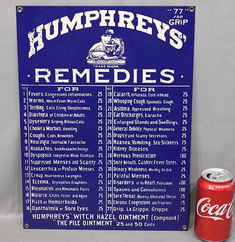 Porcelain "Humphrey's" Remedies Advertising Sign: Porcelain "Humphrey's" remedies advertising sign in nice condition. Estate fresh. 12" wide, 16" tall.