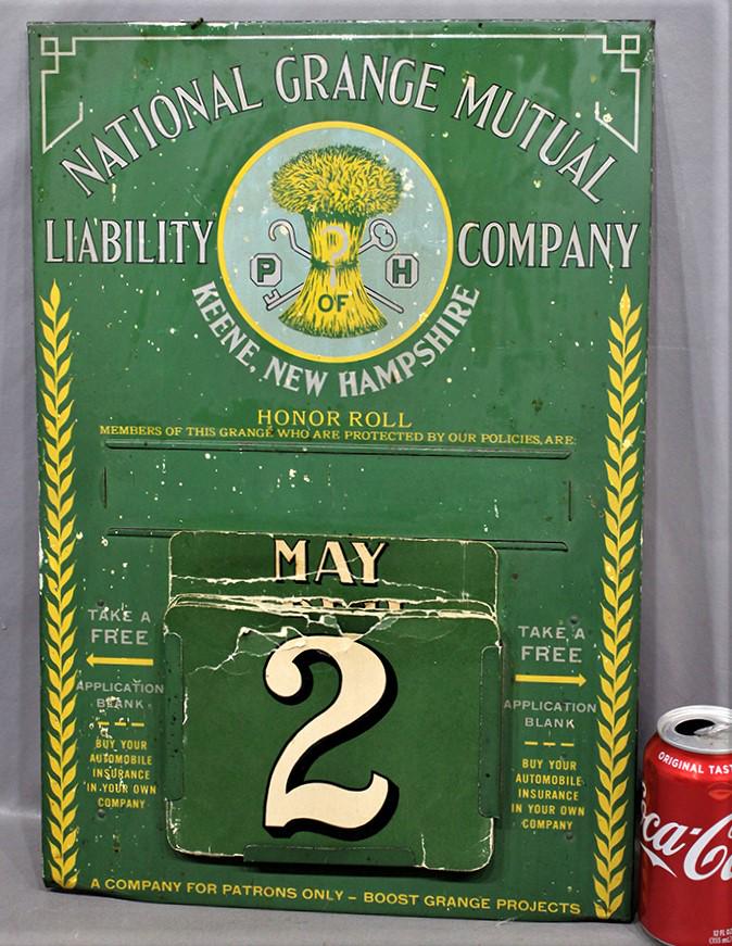 Original Tin National Grange Mutual Liability Comp. Advertising Calendar: Original tin National Grange Mutual Liability Comp. advertising calendar. 13" wide, 19" tall.