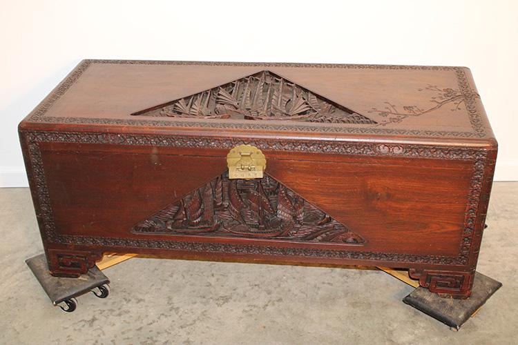 Antique Chinese Carved Camphor Chest With Sail Ship Scenes (1 of 7)