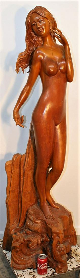Large Hand Carved 65" Solid Wood Carving Of An Oriental Nude: Large hand carved 65" solid wood carving of an oriental nude. Very detailed, missing 1 finger (see photo) otherwise nice.
