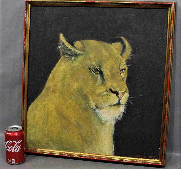 Nice Mid Century Oil On Canvas Painting Of A Lioness: Nice mid century oil on canvas painting of a lioness signed Bosshart. Dated on back 8-77. 20" wide, 22" tall.