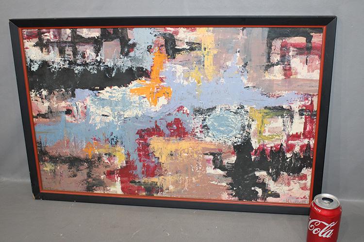 Abstract Oil Painting Under Glass Artist Signed (H. Weiner?): Abstract oil painting under glass artist signed (H. Weiner?). Heavy thick paint. 30" x 19".