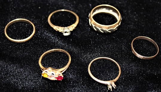 6 Gold Rings. (3) 10K, (3) 14K. Total DWT 8.8: 6 gold rings. (3) 10k, (3) 14k. Total DWT 8.8. (4) are rings, (2) are settings. 5.9 - 14k, 2.9 - 10k. (1) 10k ring has 3 small stones.