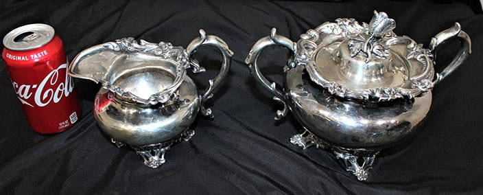 Wonderful Large Early Sterling By J. H. Mulford Albany: Wonderful large early sterling by J. H. Mulford Albany. Estate fresh, nice condition. Flora tops, 36.7 troy oz. Sugar is 10" wide, 6" tall.