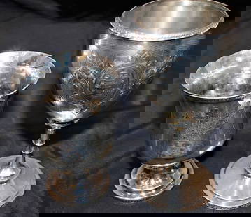 2 Presentation Chalices Coin Silver (1) Dated 1867: 2 presentation chalices coin silver (1) dated 1867. Very nice, early pieces of silver, estate fresh. 9.5 troy oz. Tallest is 7".