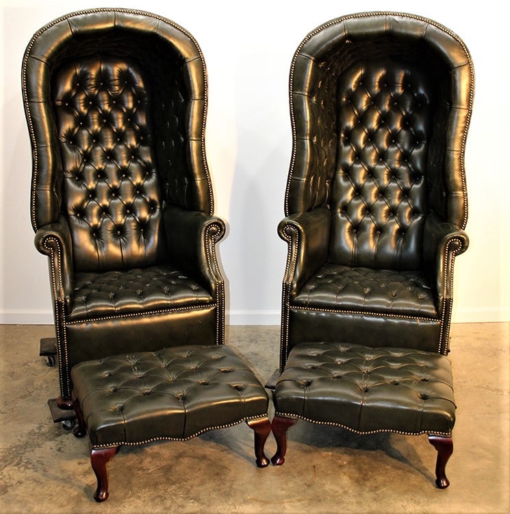 Great Pair Of Hooded Wing Back Leather Chairs And Ottomans (1 of 5)