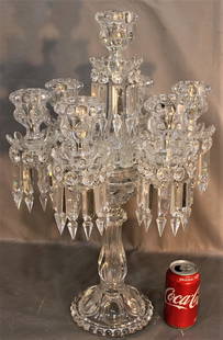 Large 23" Signed Baccarat "Medallion" 7 Light Crystal Candelabra: Large 23" signed Baccarat "Medallion" 7 light crystal candelabra. Real nice, great condition. 1 prism has a flick (see photo). Everything else is good. 15" wide, 23" tall.