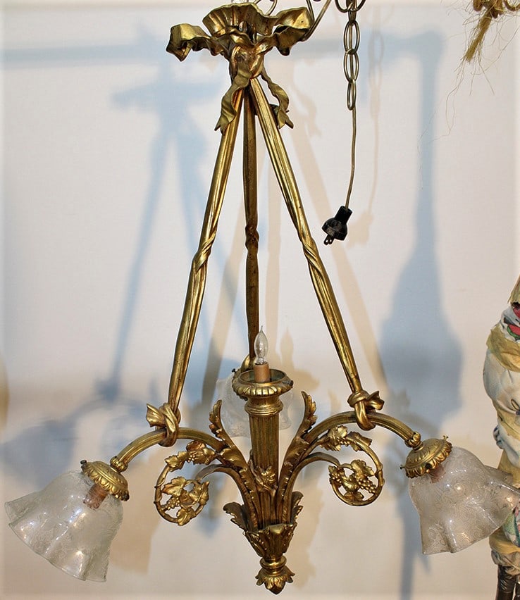 Fancy Antique Solid Bronze 3 Arm Chandelier Etched Shades (1 of 5)