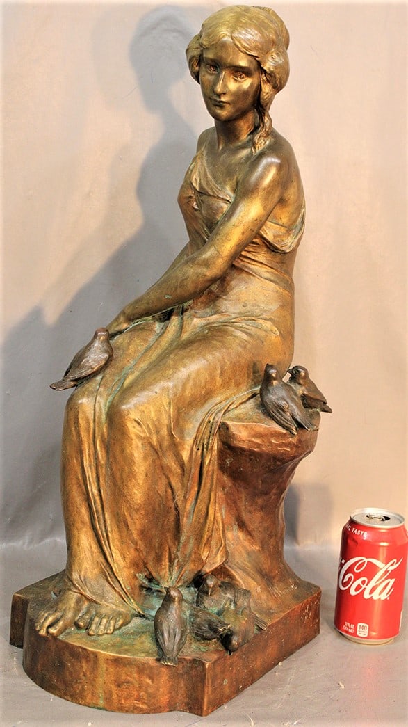 Large 23" Antique Bronze Of A Woman With Lyre And Several Birds (Maurice Bouval) 1863-1920's (1 of 8)