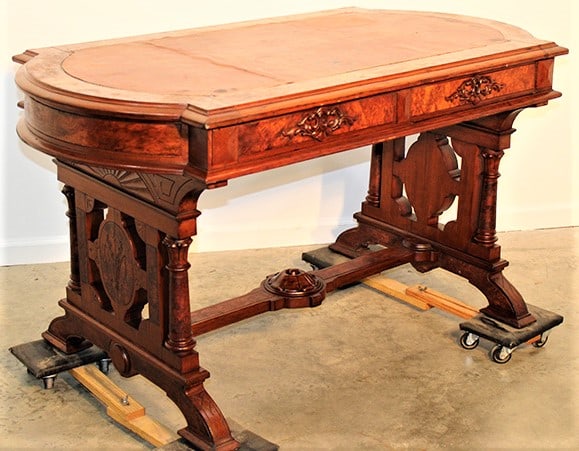 Large 54" Victorian Partners Desk Burled All Around: Large 54" Victorian partners desk burled all around. Nice solid desk, drawers on both sides. Has a leather top with stains (easily replaced). 54" wide, 30" tall, 30" deep.