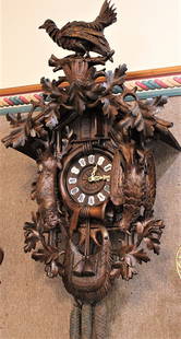 Monumental 40" Tall 19Th C. Hand Carved Black Forest Cuckoo Clock With Music Box, Working: Monumental 40" tall 19th C. hand carved black forest cuckoo clock with music box, working. Real nice condition, original works and back. Music box has a strong tone (the bellows need repair). Large