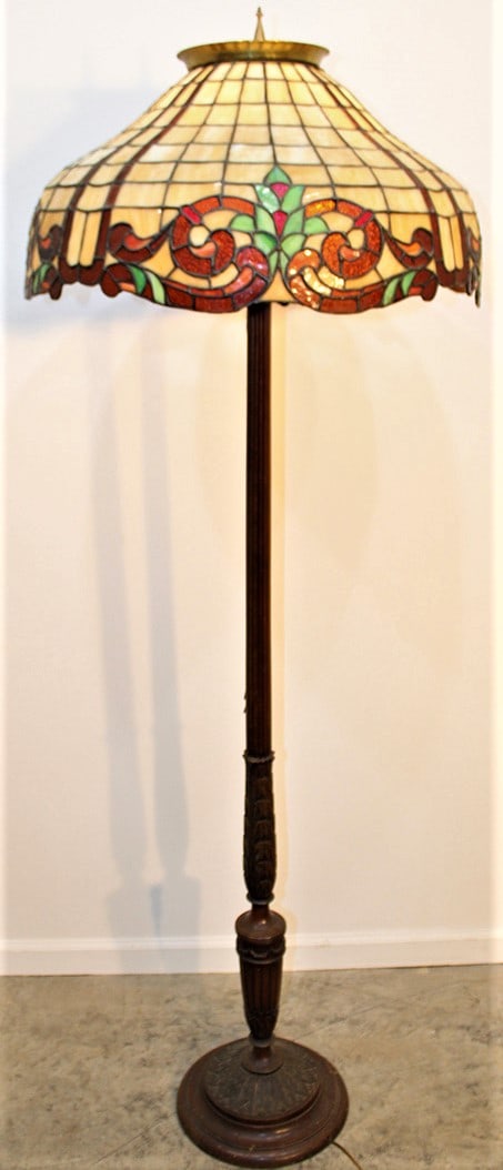 Nice Antique 24" Leaded Glass Floor Lamp With Multi Colored Shade (1 of 5)