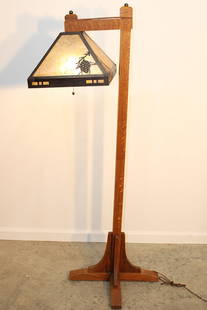 Contemporary Mission Oak Floor Lamp Made By The Mica Lamp Co. With A Registration Number And Mica: Contemporary mission oak floor lamp made by the Mica Lamp Co. with a registration number and mica panels. 20" wide, 58" tall, 20" deep.