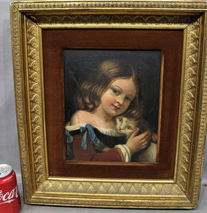 Exceptional Well Done Painting Of A Girl And Her Cat (Sold By Christie's East): Exceptional well done painting of a girl and her cat (sold by Christie's East). Nice aesthetic frame , never taken out for a signature. Painting without frame is appr. 10x12.