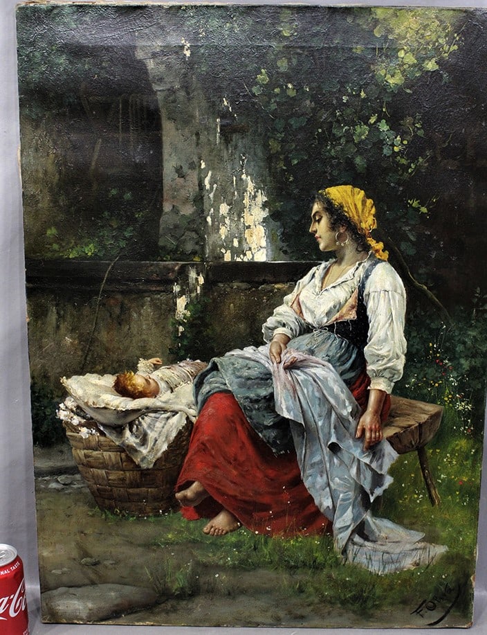 Large Well Done Oil On Canvas Painting Of A Gypsy And Her Baby (Artist Signed) (1 of 5)