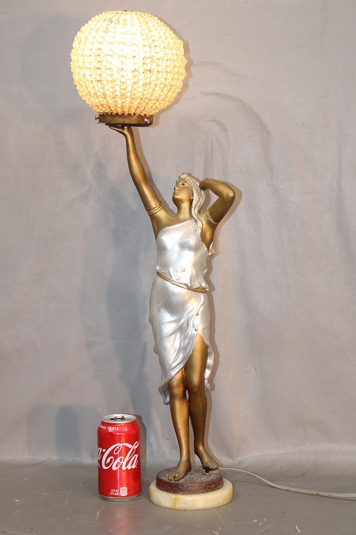 29" Figural Antique Lamp With Nouveau Lady: 29" figural antique lamp with nouveau lady. Beaded shade with a polychrome style finish and marble base.