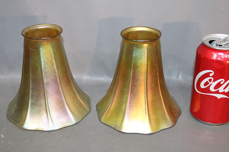Pair Of Antique Unsigned Steuben Trumpet Lamp Shades In Gold (1 of 3)