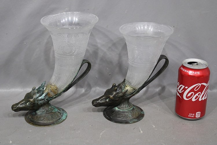 Pair Of Victorian Etched Cornucopia Vases With Bronze Bull Bases (1 of 4)