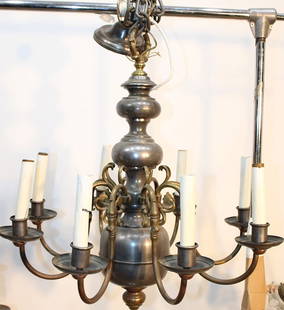Large 8 Arm Brass And Pewter Chandelier With Heavy Chain: Large 8 arm brass and pewter chandelier with heavy chain. Estate fresh, nice patina. 29" wide, 28" tall without the chain.