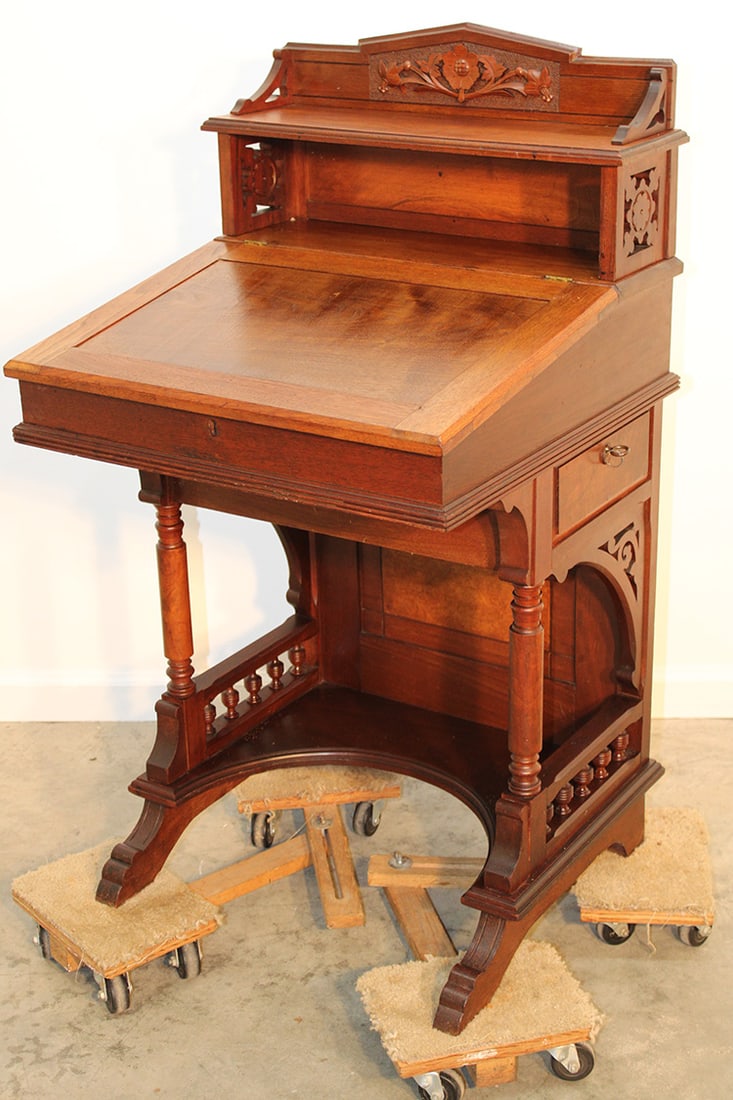 Sweet Walnut Ladies Davenport Desk C. 1880's: Sweet walnut ladies Davenport desk C. 1880's in nice condition with floral double gallery. 22" wide, 41" tall, 22" deep.