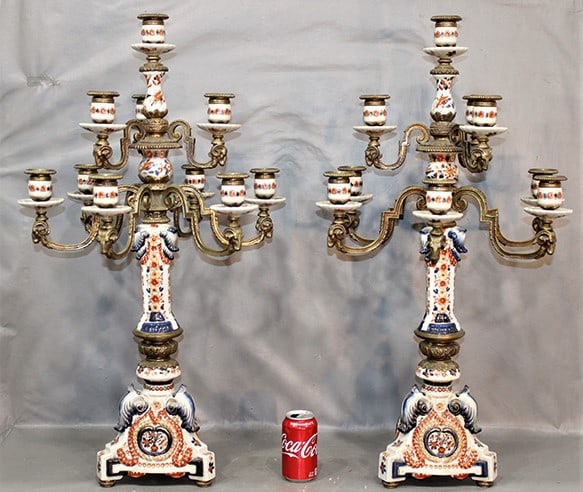 Decanter Quality 33" Tall Pair Of Porcelain And Bronze Candelabras With Rams Heads (1 of 6)