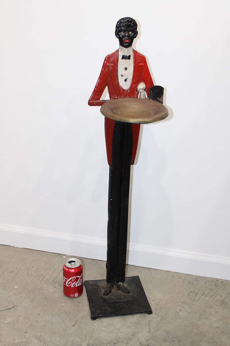 Real Neat Antique "Black Man" Waiter With Tray And Match Holder: Real neat antique "black man" waiter with tray and match holder in nice condition for the age. Few rubs. 9" wide, 36" tall, 9" tall.