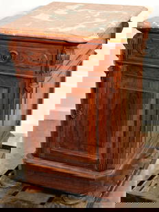 Victorian Rosewood Marble Top 1/2 Commode With Rose Colored Marble And Carved Columns: Victorian rosewood marble top 1/2 commode with rose colored marble and carved columns. Missing 2 small corners under the marble (see photo). 21" wide, 30" tall, 20" deep.