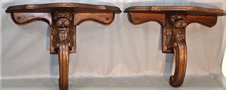 Pair Of Fancy Oak Clock Shelves With Open Mouth Lions (1 of 3)