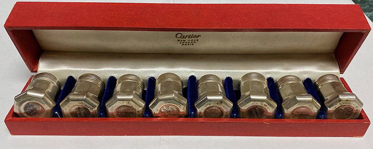 8 Signed Cartier Sterling Salt & Pepper Shakers: 8 Signed Cartier Sterling Salt & Pepper Shakers in the original case
