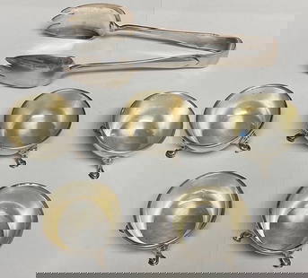 Sterling Silver Tongs and Footed Salts: Sterling Silver Tongs and Footed Salts all in nice condition. Tongs are 7"