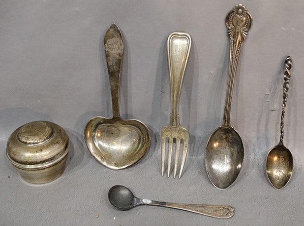 6 piece sterling including Tiffany heart shape spoon and ring holder. All in nice condition. Appr. 4: 6 piece sterling including Tiffany heart shape spoon and ring holder. All in nice condition. Appr. 4 troy oz.