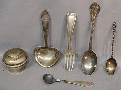6 piece sterling including Tiffany heart shape spoon and ring holder. All in nice condition. Appr. 4: 6 piece sterling including Tiffany heart shape spoon and ring holder. All in nice condition. Appr. 4 troy oz.