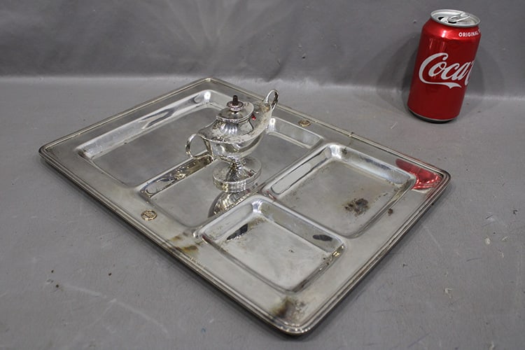 Large J. E. Caldwell sterling silver smoking tray with genie lighter. 38.23 ozt. Has the initials H.: Large J. E. Caldwell sterling silver smoking tray with genie lighter. 38.23 ozt. Has the initials H. W. H (Henry Waln Harrison), a magnificent piece. His initials are in gold. A prominent family, does