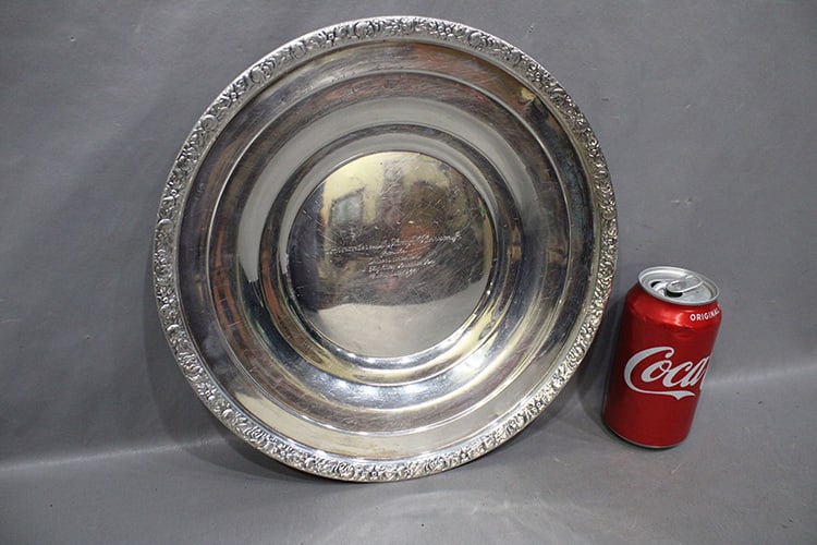 12" sterling WWII presentation plate (to commander and Mrs. Harry W. Harrison Jr.) 10.86 ozt. From (1 of 3)