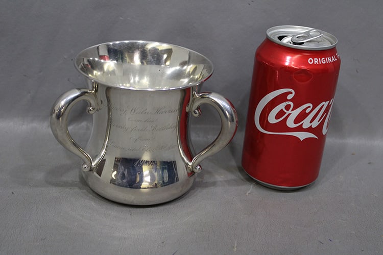 Wonderful J. E. Caldwell & Co. presentation cup dated 1900, 3 handled. 6.23 ozt. Nice condition, to: Wonderful J. E. Caldwell & Co. presentation cup dated 1900, 3 handled. 6.23 ozt. Nice condition, to Harry Waln Harrison on his 21st birthday by Laura and Elisie Whelen of Philadelphia PA 1900. 6.23 oz