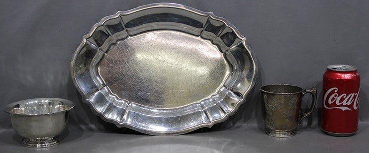 3 pieces of sterling silver incl. 13" tray bowl and cup by Caldwell. 24.55 ozt. Tray is Gorham (1 of 4)