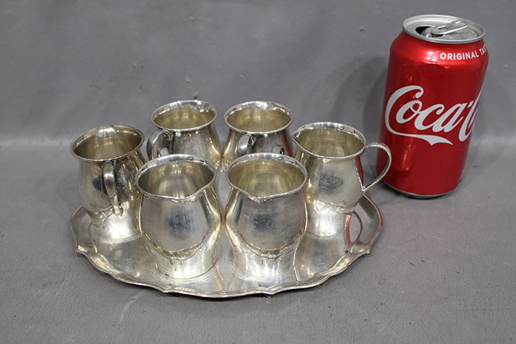 Group of 7 sterling milk pitchers and tray 16.94 ozt by Fisher. Paul Revere 1768 repro, no (1 of 3)