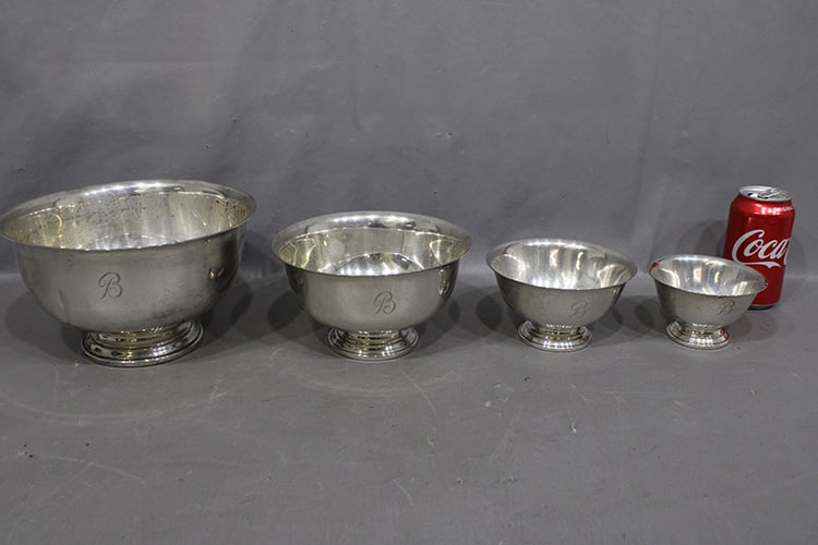 Group of 4 sterling stacking bowls by Amston, 33 ozt. Paul Revere repro, monogram with a "B". Has a (1 of 3)