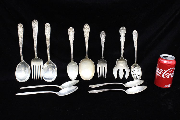 12 huge sterling silver serving pieces incl. 3 piece Kirk & Son (repousse) 32.8 ozt. 2 plain pieces (1 of 6)