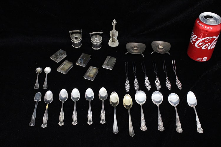 30 pieces of sterling inc. 5 pill boxes, (2) Cohr Denmark candle stands, 11.5 ozt. Several tiny (1 of 4)