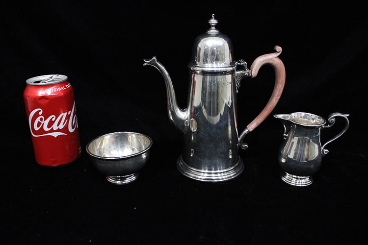 3 piece Caldwell & Co. sterling tea set 19.27 ozt. Bird spout, all hall marked with lion, anchor, (1 of 4)