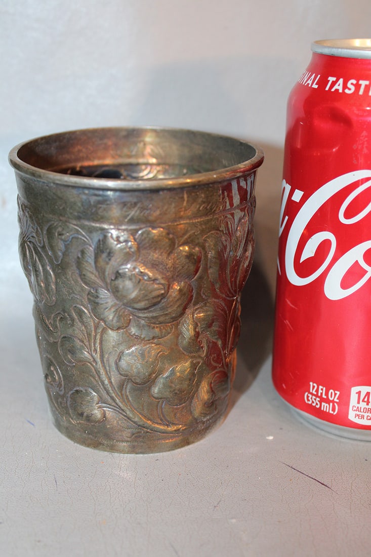 Sterling (Kiddush?) cup marked MMA fine silver. Has writing along the top edge. 3.74 ozt. (1 of 3)